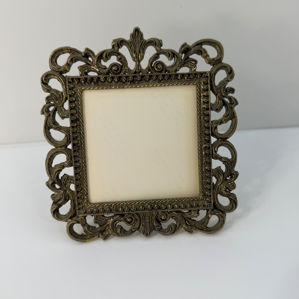 Vintage Brass Ornate Filigree Picture Frame Rococo Scroll Tabletop 3x3 Small‎